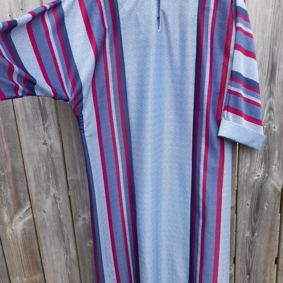 Vintage 70s Tunic Dress Kaftan 45"B Blue Red Stripes Dolman Sleeves - Picture 12 of 15
